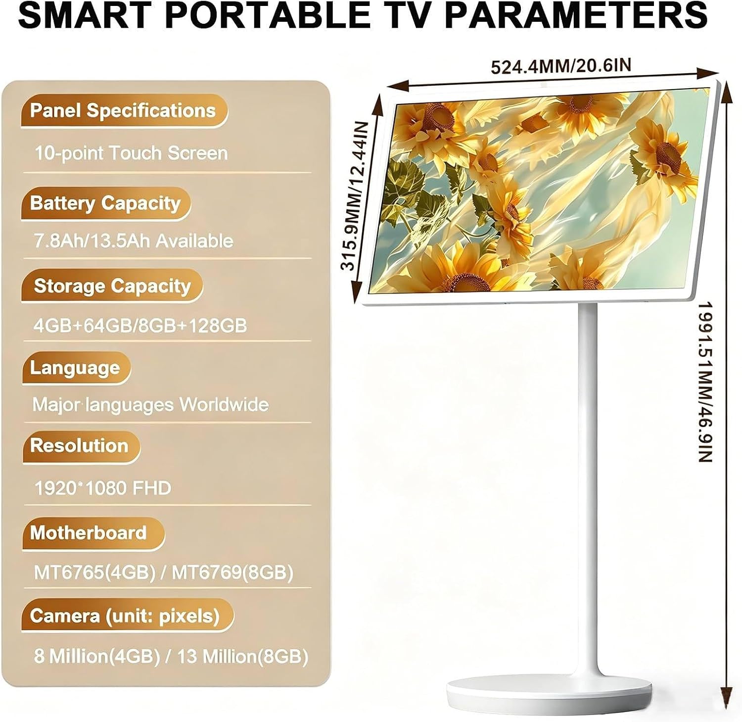Portable Smart TV with Touchscreen Display, Smart Touchscreen Monitor Rolling TV on Wheels, Wireless Portable TV on Wheels 4G128G-21.5inches