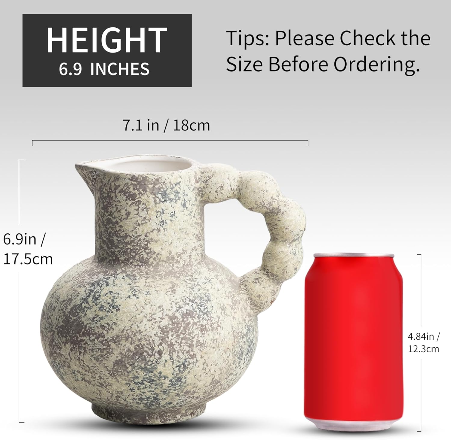 Antique Flower Ceramic Vase with Handle, Vintage Pitcher Terracotta Vases, Boho Decor Farmhouse Stone Pottery Vases, Rustic Decorative Vase for Home Decor, Table, Living Room, Mantel, Wedding 6.9 Inch - Image 3