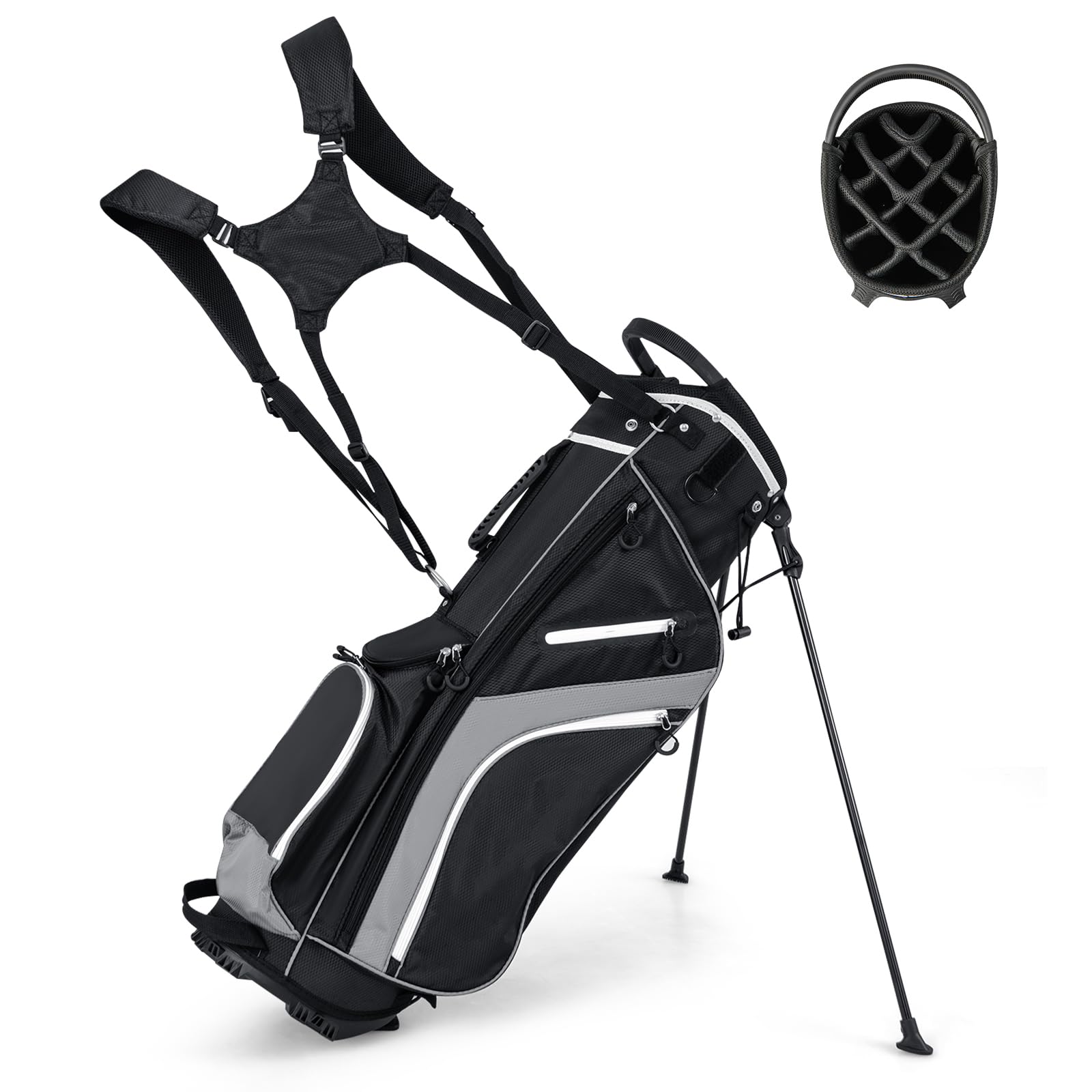 COSTWAY Golf Stand Bag, Lightweight Golf Club Bags with 14 Way Top Dividers, 6 Pockets, Cooler Bag, Dual Strap and Rain Hood, Waterproof Golf Trolley Bag for Men & Women (Grey)