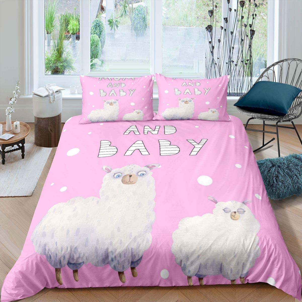Juego de ropa de cama para niñas y niños, diseño de llamas, alpaca, con motivos de animales, color rosa, 3 piezas