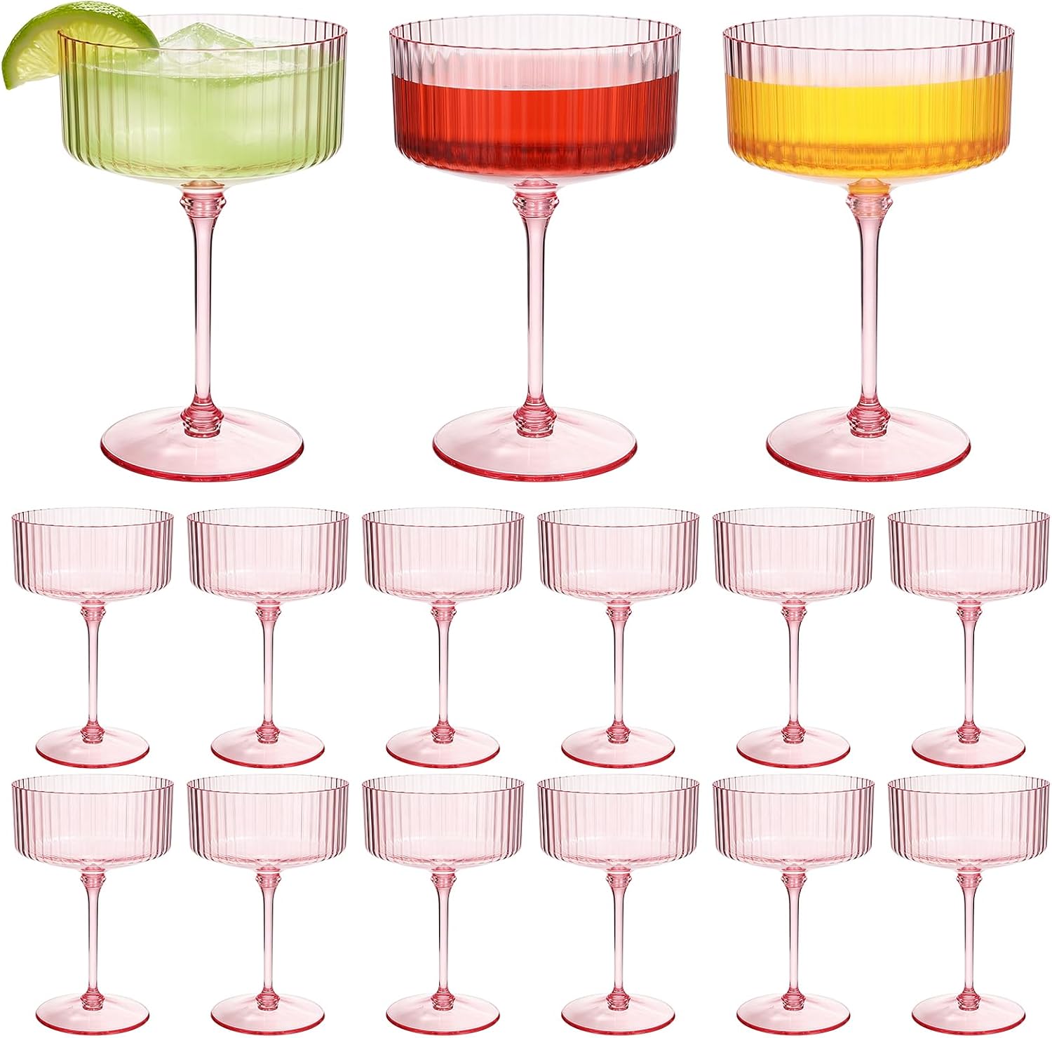 FUMMI 12 Pack Plastic Martini Glasses, 7oz Detachable Shatterproof Acrylic Cocktail Glasses with Ribbed Design, Reusable Champagne Glasses for Party, Wedding, Birthday Party, Picnic & Bar (Pink)
