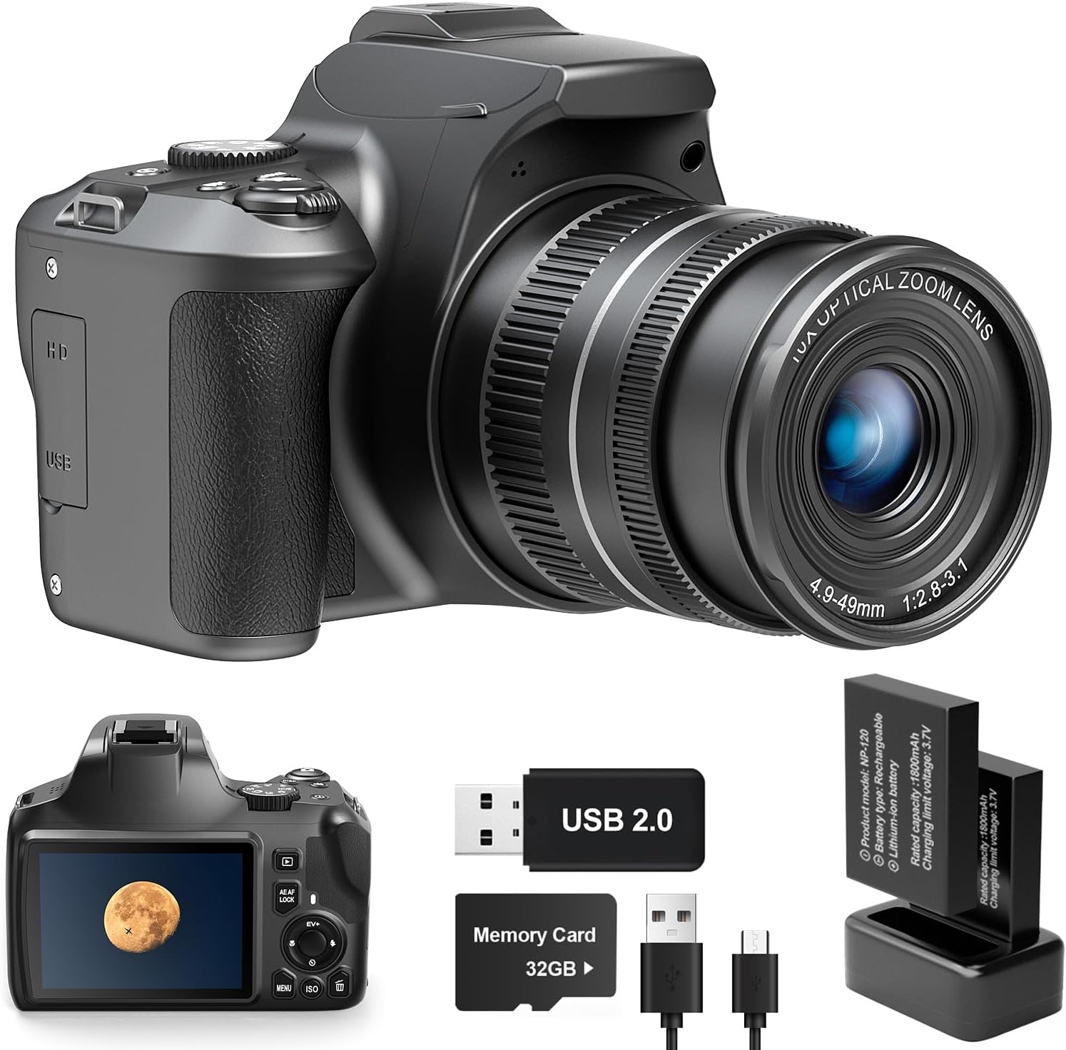 4K Digital Camera with 40X Zoom, 64MP DSLR for Beginners, Autofocus 1080P HD Vlogging Camera with EIS, 32GB SD Card, 2 Batteries