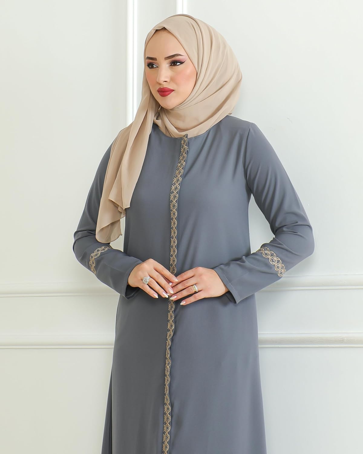 istanbul styles Embroidered Sleeves Abaya with Side Zipper Embroidery Long Sleeve Floor Length Turkish Abaya for Women - Image 4