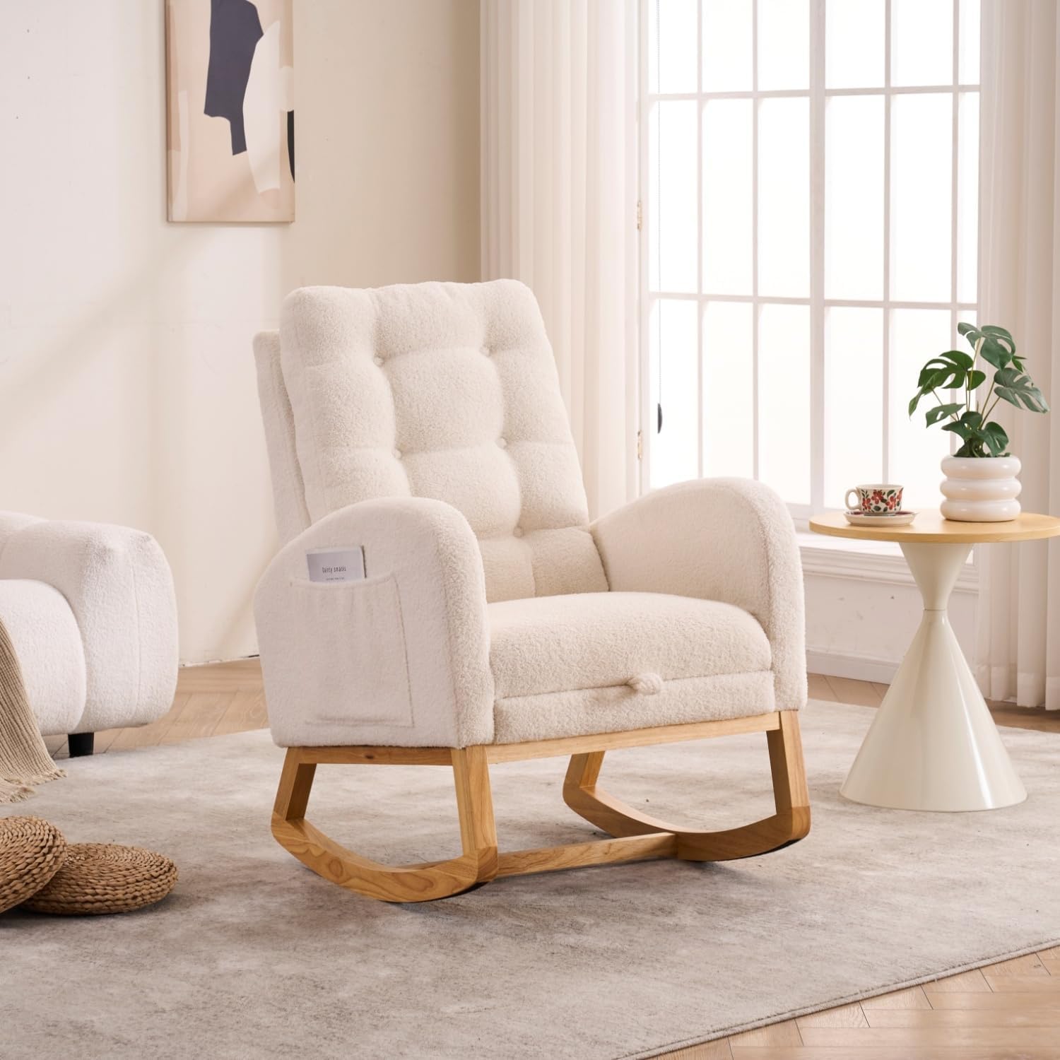 LY-5104 Plush Accent Rocking Chair with Footrest, Cream White High-Back Rocker, Rubber Wood Lounge Chair for Nursery & Living Room