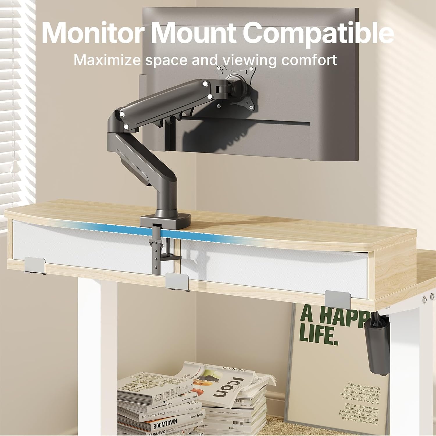 HUANUO 32 x 21 inch Small Electric Standing Desk with 2 Drawers, C-Clamp Mount Compatible, Height Adjustable Sit Stand Desk, Home Office Stand Up Desk with 4 Memory Height Settings, Light Walnut