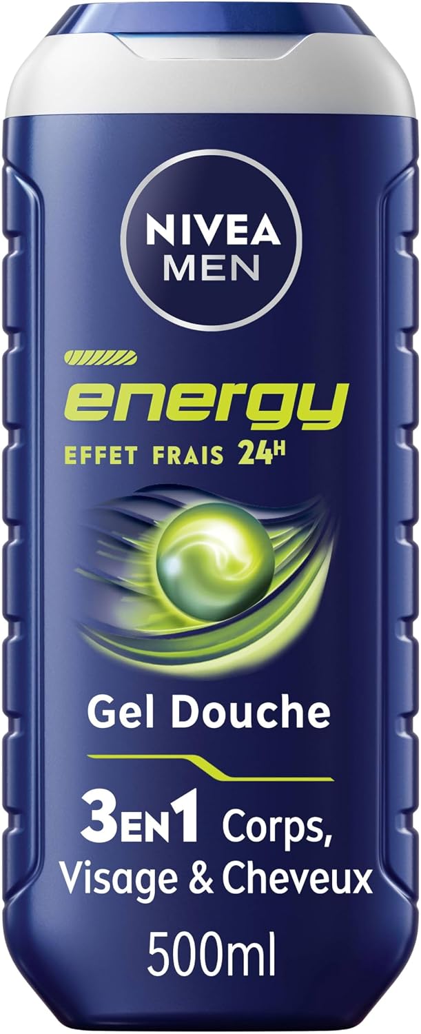 NIVEA MEN Gel Douche Energy (1 x 500 ml) - Soin lavant enrichi en extrait de menthe vivifiante - Gel douche homme 3 EN 1 — Soin nettoyant Corps Visage & Cheveux Vivifiant Effet Fraîcheur 24H