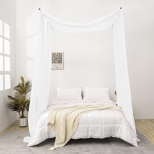 Miniatura 2 de Bufanda blanca transparente para cama, cortinas de tul de 144 pulgadas de largo, cortinas de cama Tessie con cenefa, cortinas de dosel individual