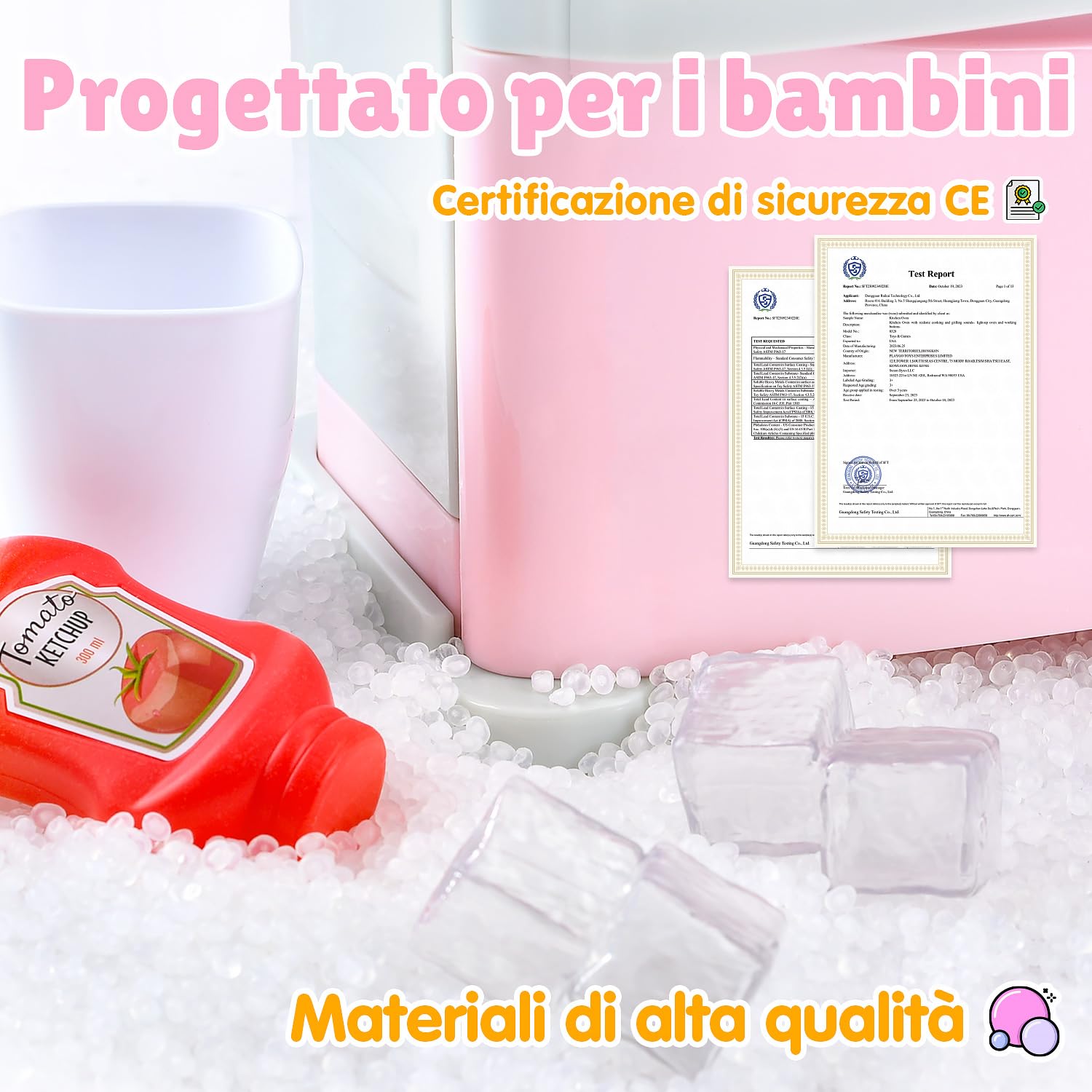 PLAY Set di accessori da cucina per bambini, frigorifero con dispenser di ghiaccio, set di accessori da cucina con frigorifero per bambini, giocattolo alimentare, cubetti di ghiaccio, utensili da
