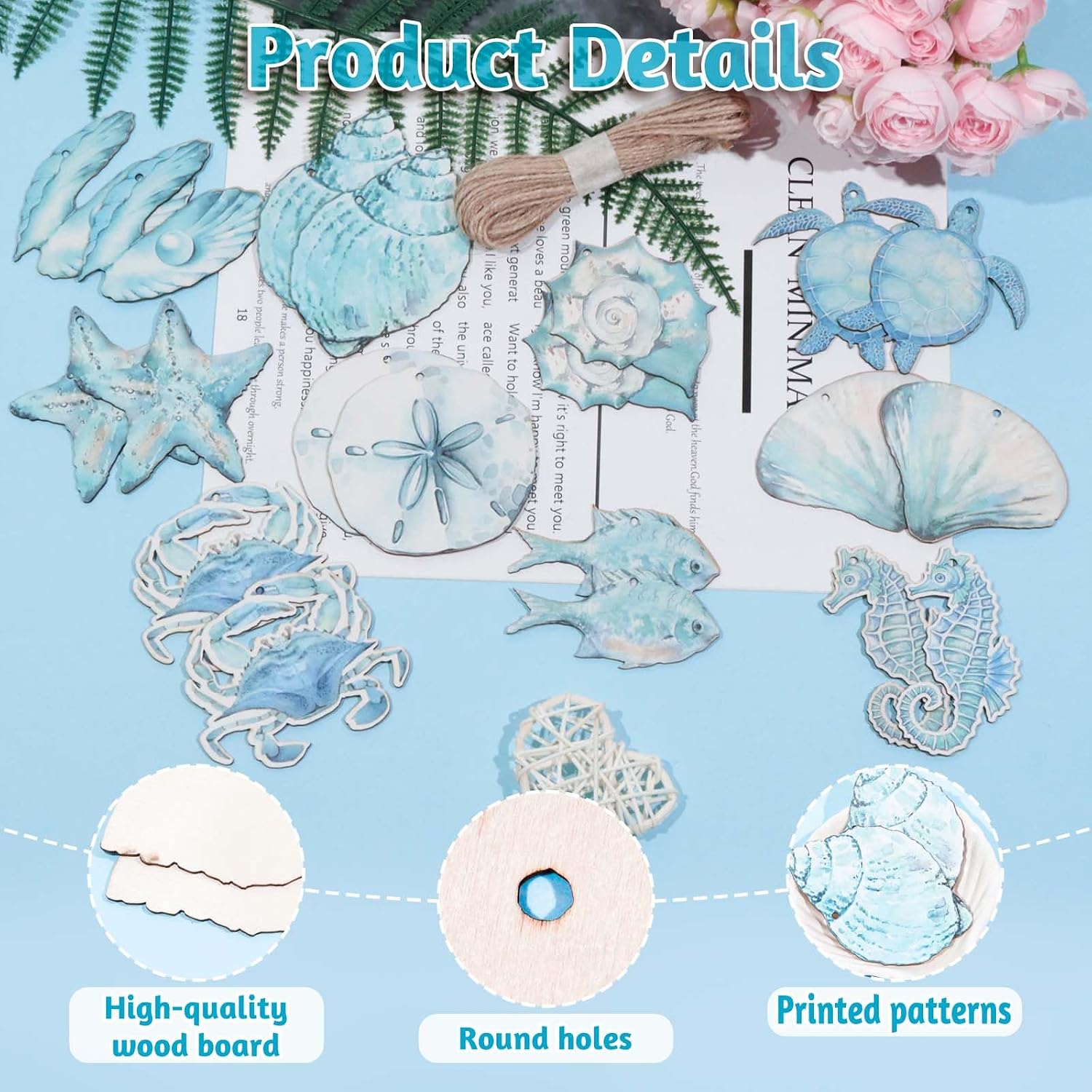 Summer Wooden Hanging Ornaments,Ocean Beach Wooden Slices Pendant for Hawaiian Tropical Christmas Tree Home Interior Hanging Decoration Party Supplies (Light Blue) image 3