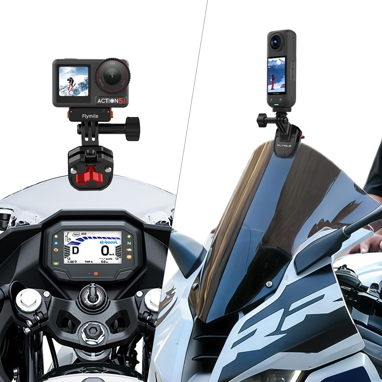 Motorcycle Windshield Clip Mount for DJI Osmo Action 5 Pro/6/4/3/Pocket 3/360, Aluminum Metal Quick Release Motorcycle Windshield Clamp Mount for Insta360 X5/X4/X3, with 1/4” Adapter for GoPro Hero