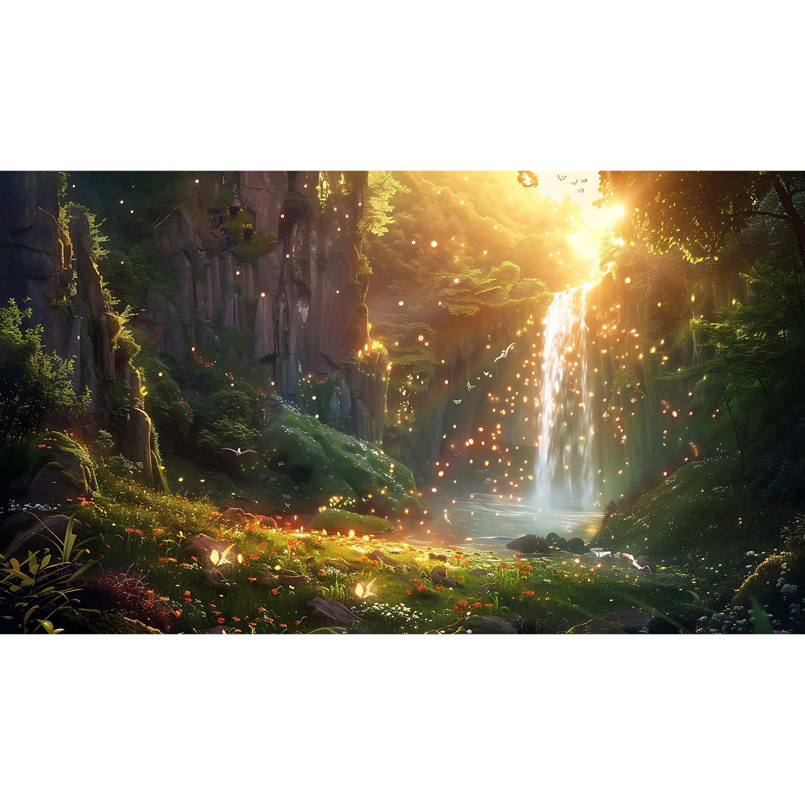 Fantasy Forest Aquarium Background Waterfall Cascades Tranquil Pool Fish Tank Background Enchanted Glade Vibrant Blooms Sunray Reptile Tank Backgrounds Fireflies Oasis Terrarium Backgrounds 24x16in