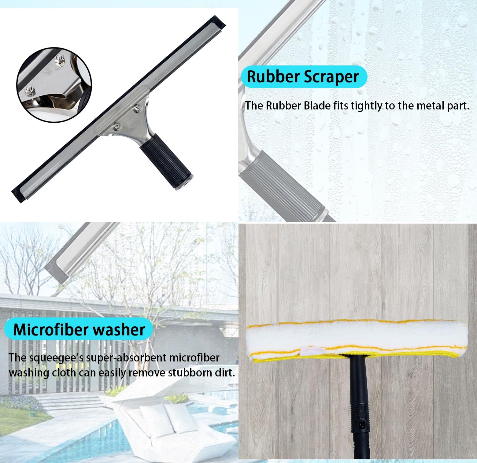Fensterreinigungsstange 2 Floor Window Washing Equipment with Stone Shovel, 3-in-1 Outdoor High Windows Cleaner Tool with 1.2/ 2.4/ 3.6 M Adjustable Pole & 35 Cm Squeegee, Auto Glass Cleaning Kit(2.4m