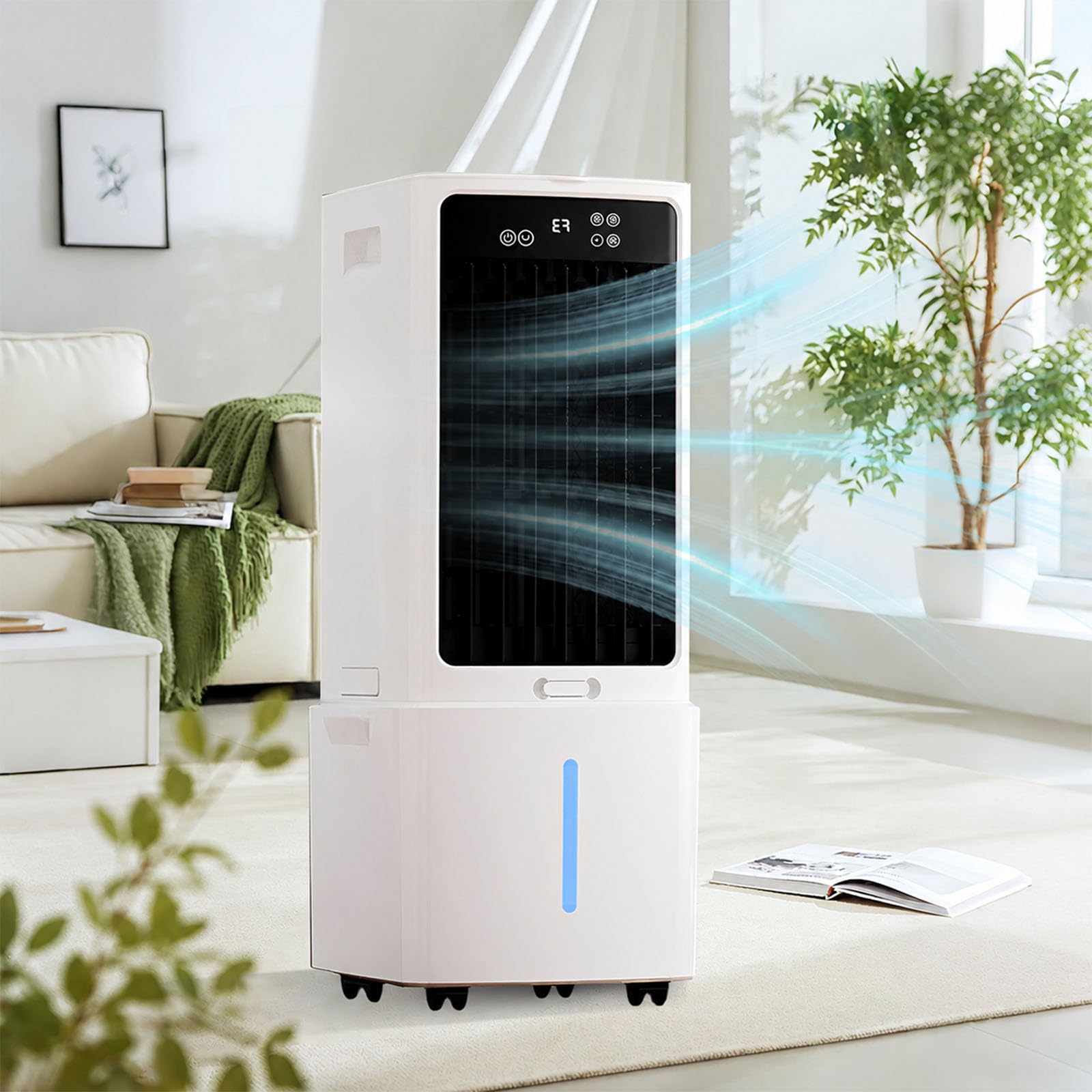 Climatizador Silencioso Portátil, Ventilador 12L con Agua 3 Niveles Velocidad, Timer 12H, 6 Cajas de Hielo, para Salón Dormitorio, Ruedas Giratorias (288x260x615mm)