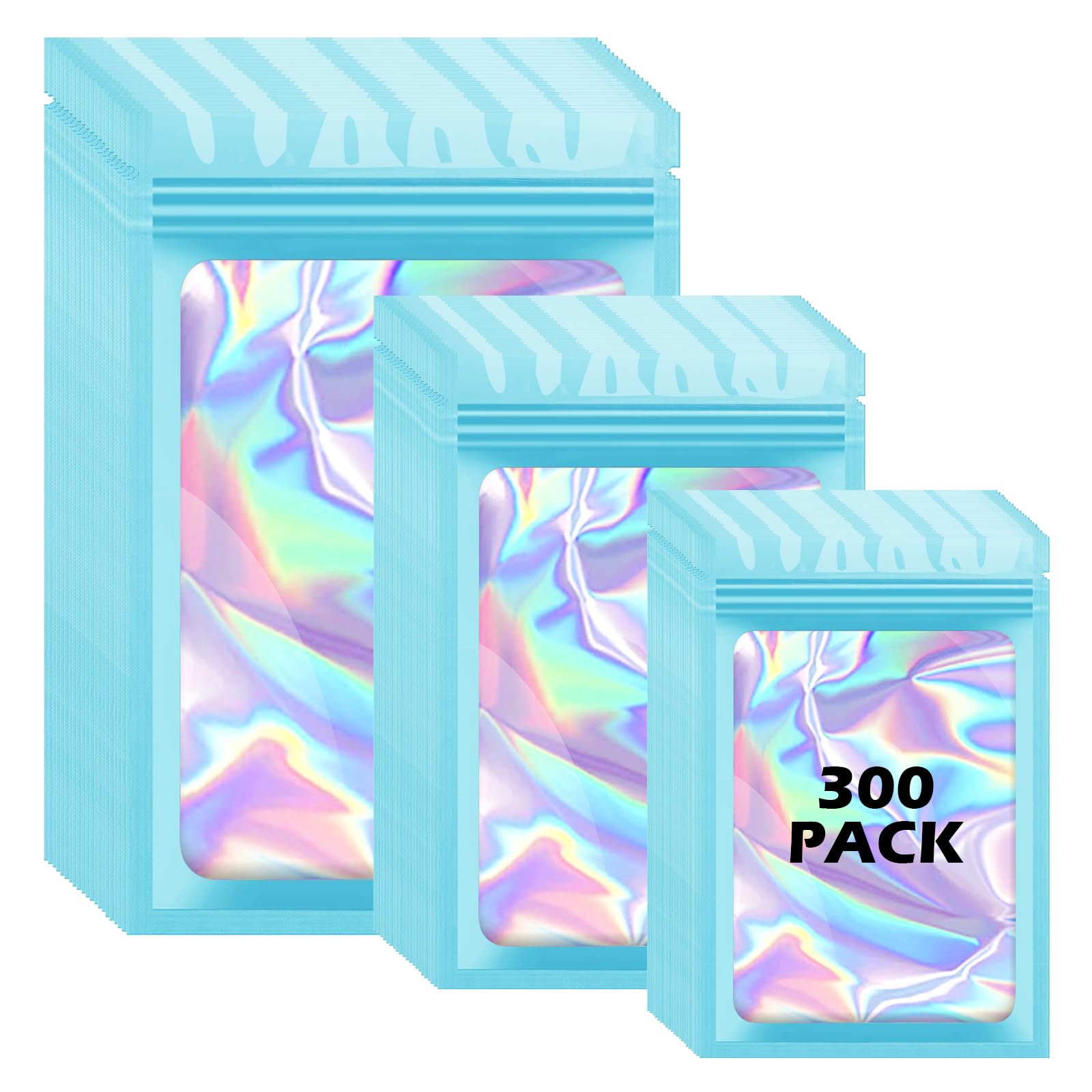 300 Pcs Holographic Mylar Bags, 3 Size Smell Proof Bags with Clear Window Foil Pouch Bags Resealable Bags for Small Business and Food Storage, Blue