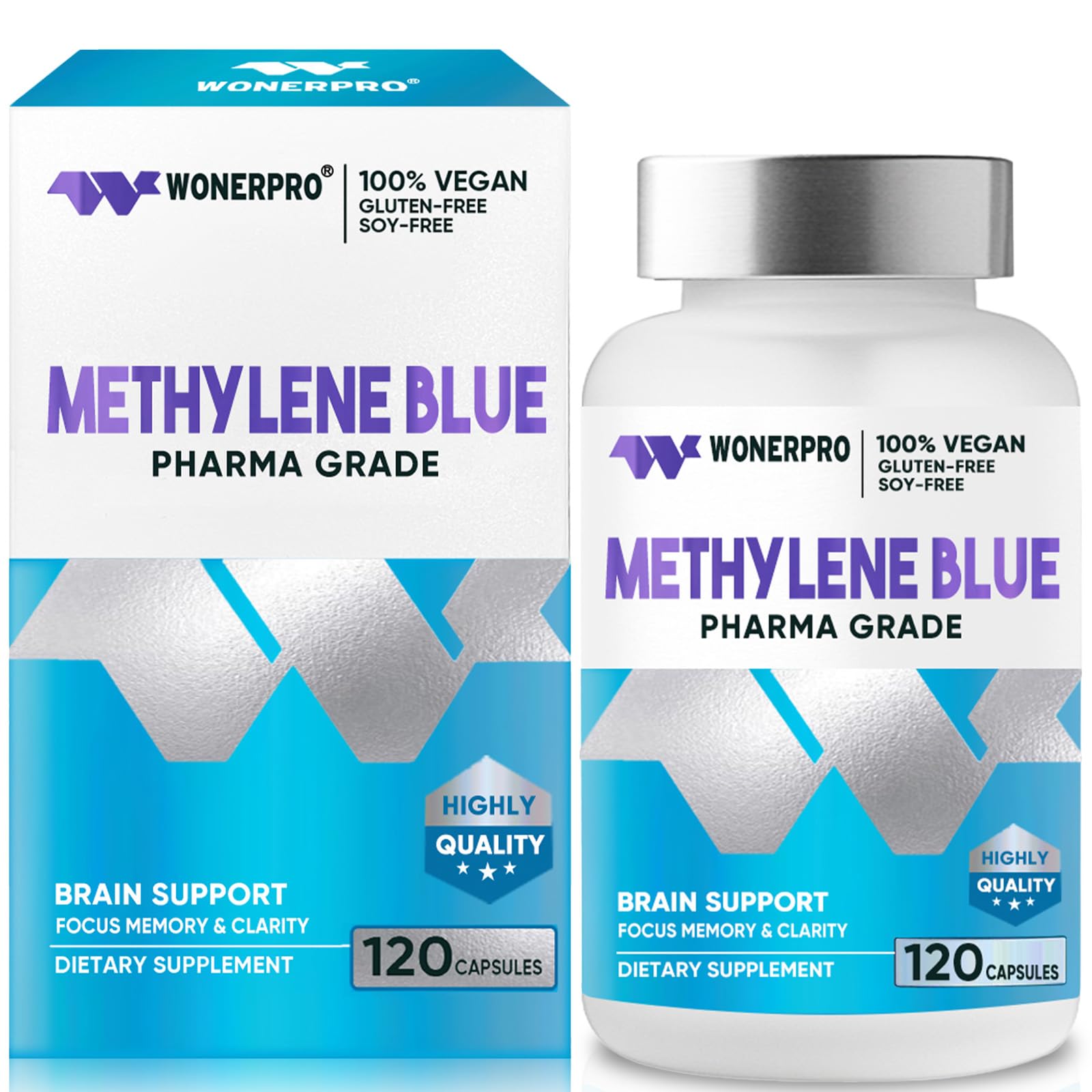 Methylene Blue Pharma Grade Capsules with Vitamin C Ester | Cognitive Support for Memory, Focus & Mental Clarity | Brain Energy Booster, 120 Capsules