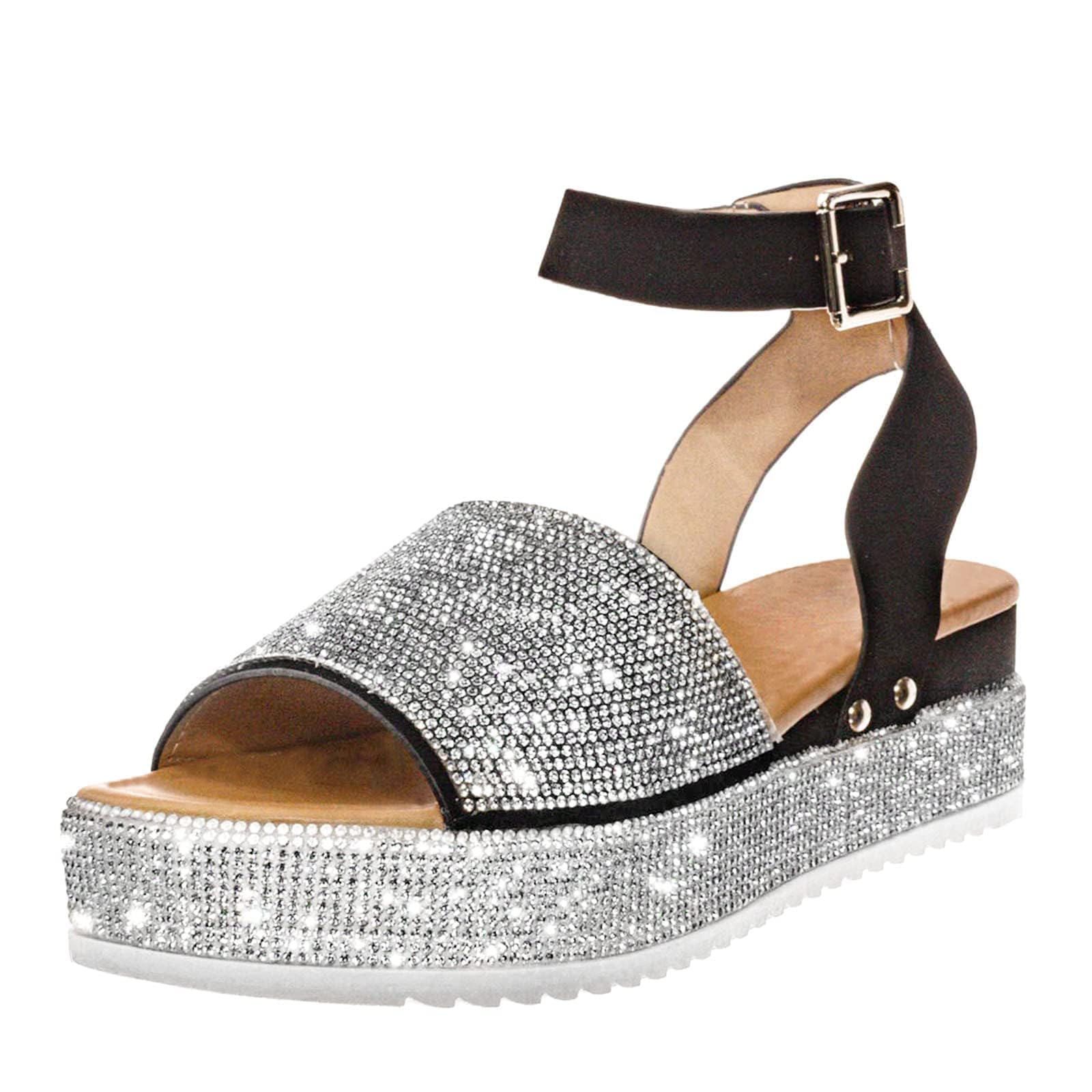SACFOF Sandalias de plataforma con diamantes de imitación para mujer, con correa de tobillo, hebilla de cristal, sandalias de plataforma de verano, puntera abierta, sandalias de cuña