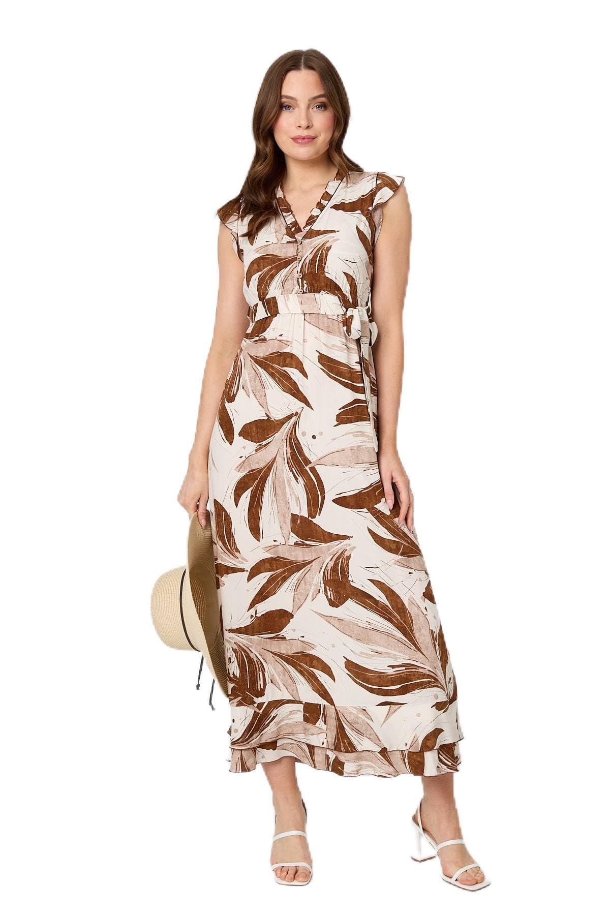 Izabel London Women's Brown Leaf Print Layered Tie Waist Maxi Dress