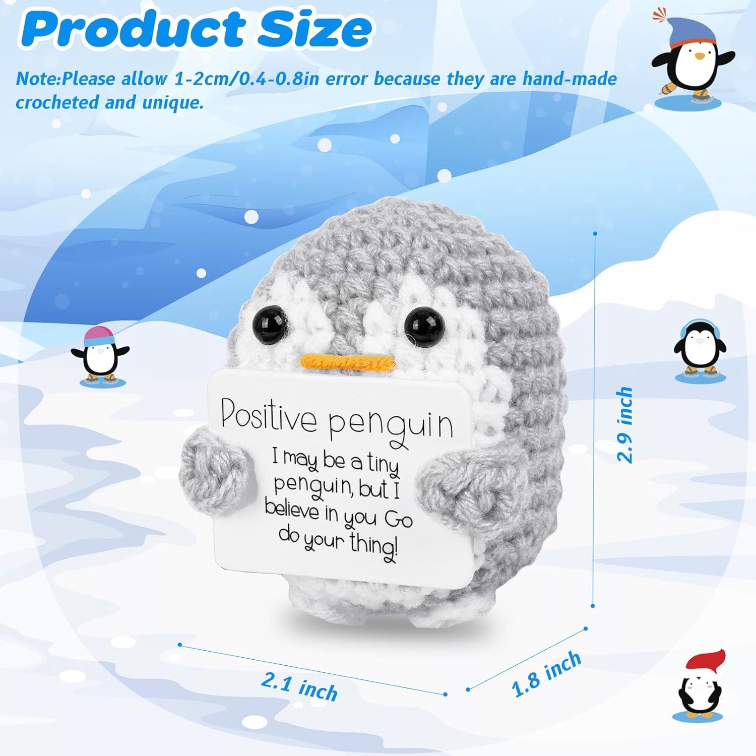 CAREOR Positive Penguin, 2.6 Inch Knitted Toy, Handmade Mini Funny Crochet Doll with Positive Cards - Image 2