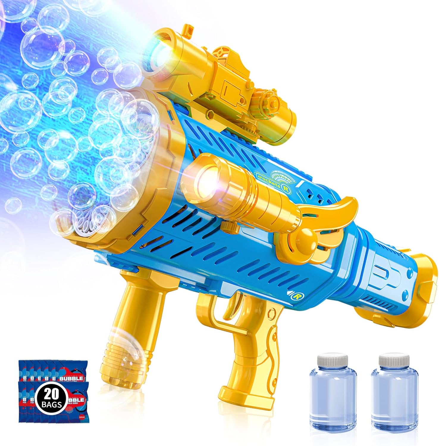 Bubble Gun Machine, Rechargeable Rocket Bubble Gun for Kids ages 4-8,9 10 11 12 Years Old, Automatic Rocket Bubble Blaster Shooter with Colorful Lights for Wedding Birthday Party Boys Gifts