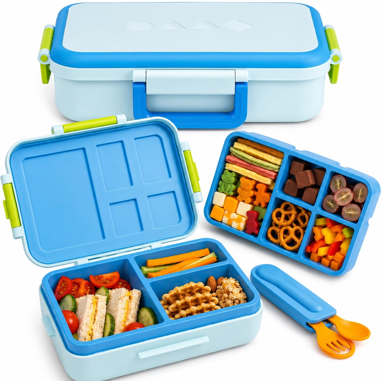 ovve Bento Box for Kids &amp; Cutlery Set – Leakproof Kids Lunch Box, Interchangeable Inserts, BPA-Free, Dishwasher Safe Lunch Containers for School, Preschool, Toddler (Blue)