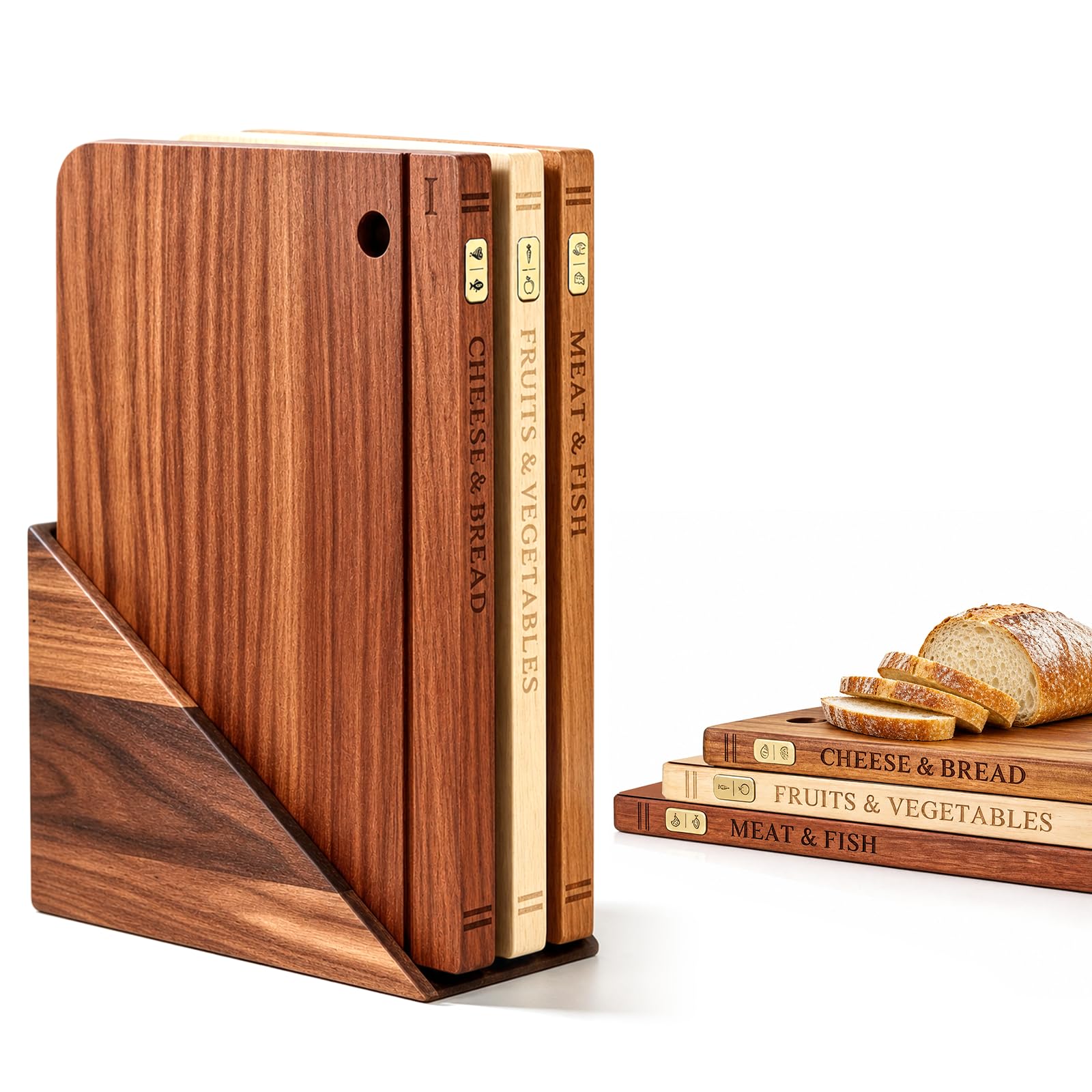 Schneidebrett-Set in Buchoptik, 3 Schneidebretter aus Holz mit Ständer, 3 Lebensmittel-Kennzeichnungen, für Fleisch, Fisch, Obst, Gemüse, Käse & Brot, Dekoratives Küchen-Set