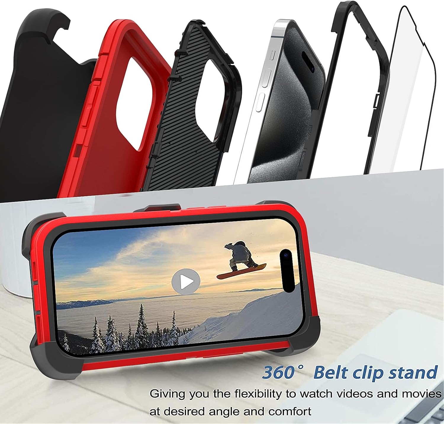Case for iPhone 15 Pro Max Case 6.7" Belt-Clip Kickstand Holster with 2 Screen Protector, Full Body Heavy Duty Military Grade Cover Drop Protection Phone Case (Red Black+Clip) - Image 2