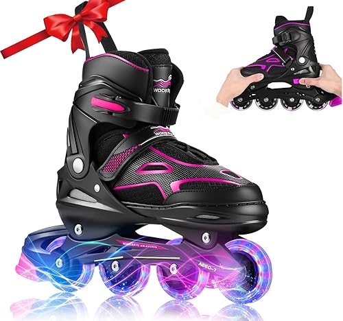 KGK Patines en línea para niños y adultos, para niñas, niños, mujeres, hombres, 4 tamaños ajustables, para exteriores, con ruedas iluminadas,