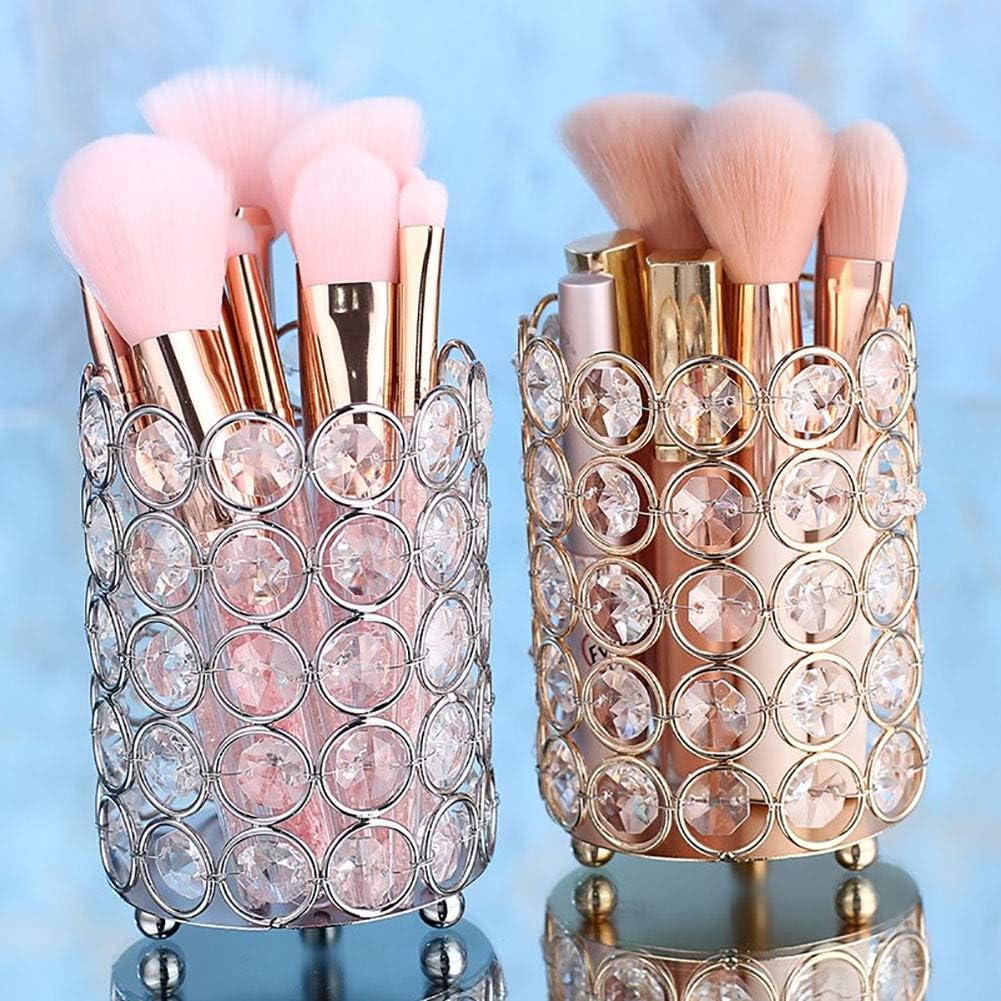 Pahdecor Makeup Brush Holder Storage Organizer with 5 Layers Beads,Handmade Vintage Crystal Beads Candle Container Holder Candlesticks Pencil Cup Flower Vase,4.6x3.2inch(HxW), Silver Color