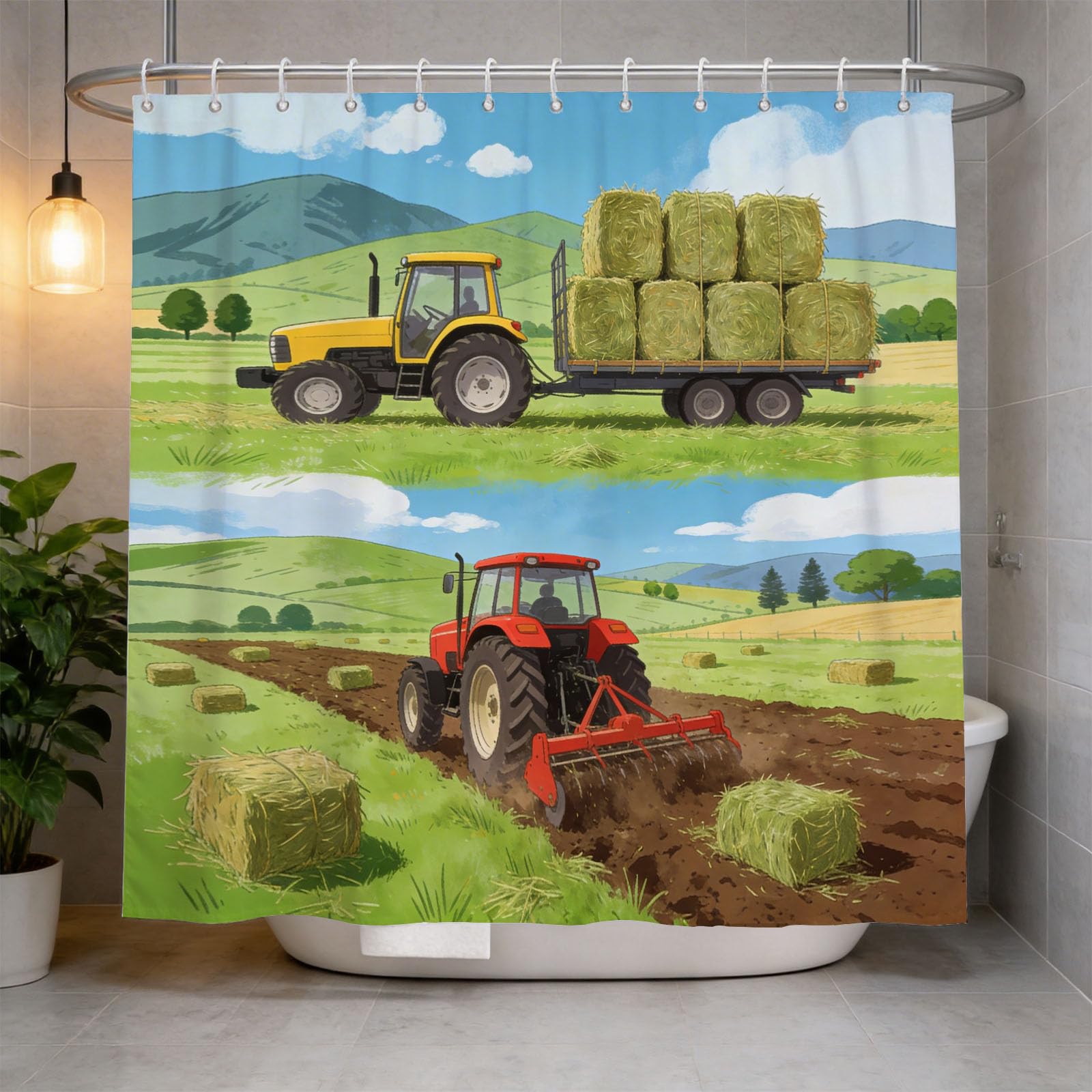 Hongduo 3D Cartoon Tractors Shower Curtain for Stalls Bathtubs Haystack Bathroom Decor Shower Curtain Set Polyester Fabric Waterproof 180x180cm/71X71 Inch with Hooks
