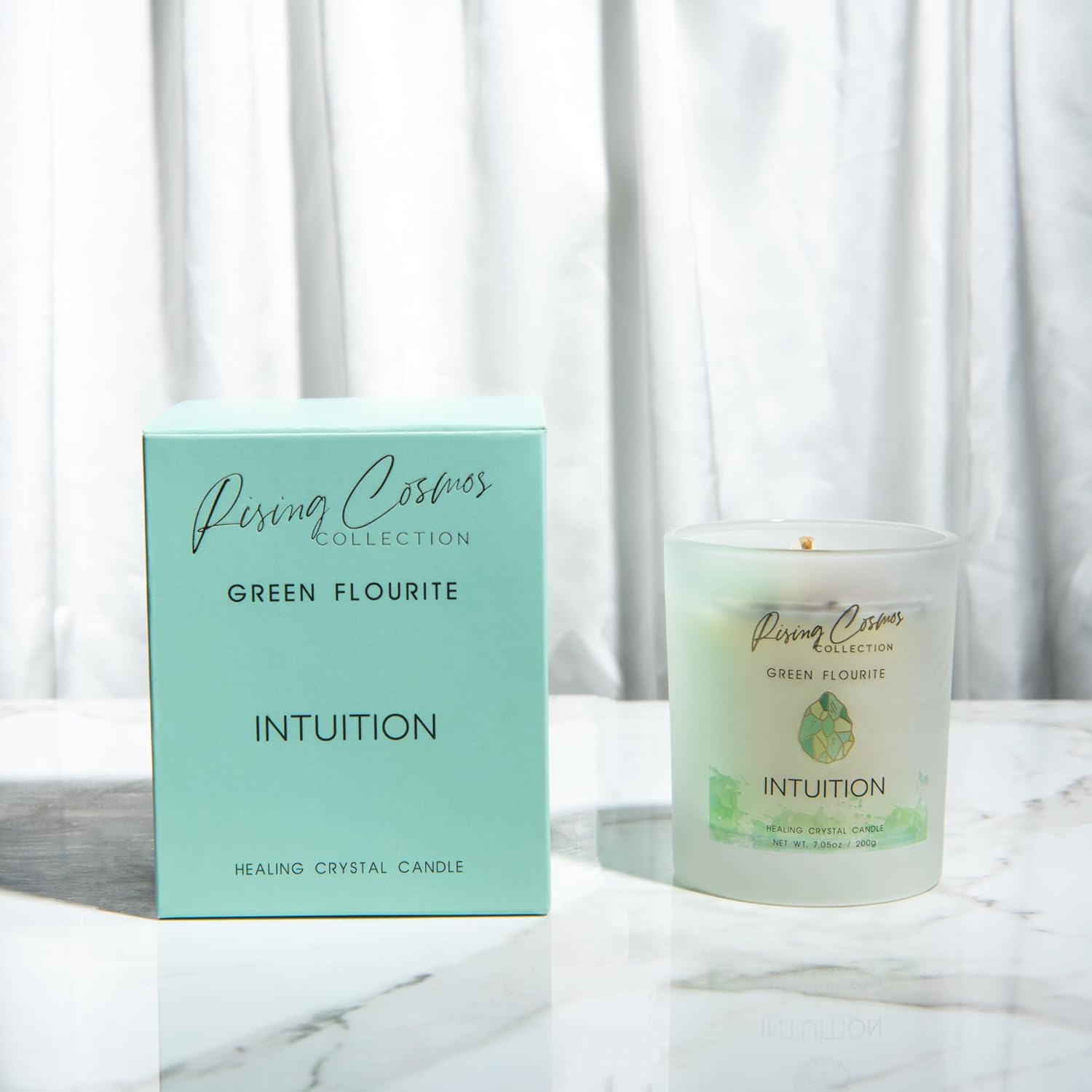 Rising Cosmos Healing Crystal Candle - Green Flourite, Tiger's Eye, Clear Quartz Infused Sugarcane + White Rum Scent 100% Soy Wax - 7oz. Meditation, Intention & Gift Candle for Women - Image 2