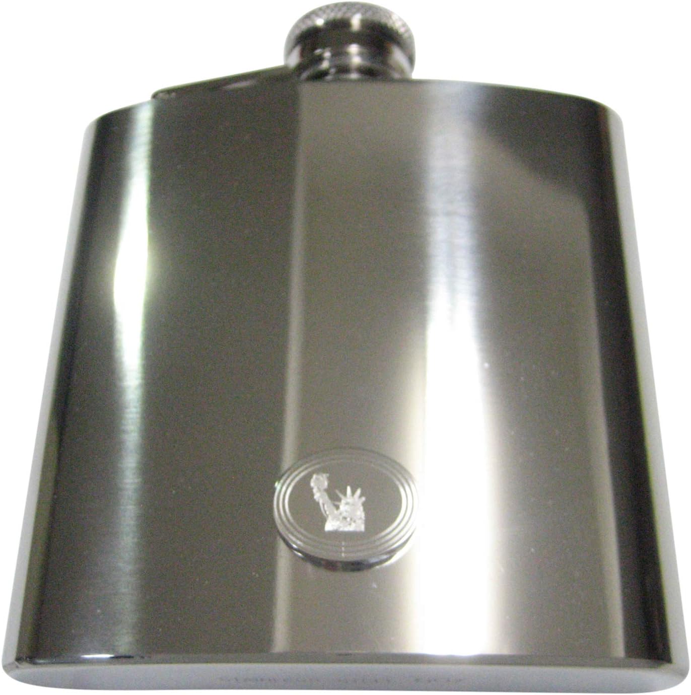 Kiola Designs Silver Toned Etched Oval Iconic Statue of Liberty 6 Oz. Stainless Steel Flask