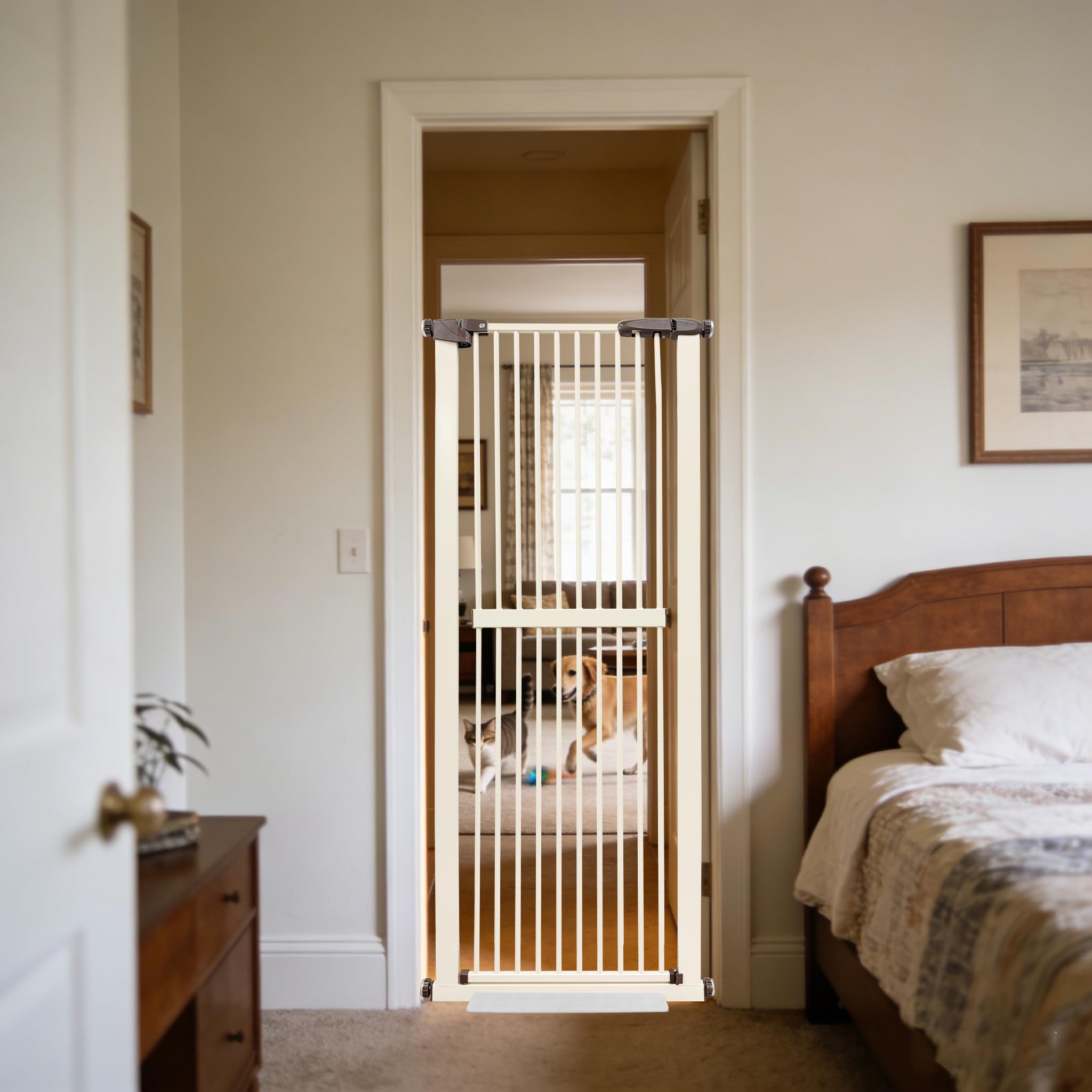 Photo 1 of Lumizone Extra Tall Cat Gate 61.02" High Pressure Mounted Extra Wide 26.38"-30.11" (17Sizes) 1.37" Gap No Drilling Auto-Close Tall Pet Gate for Dogs (Cream, 26.38"-30.11" W)+