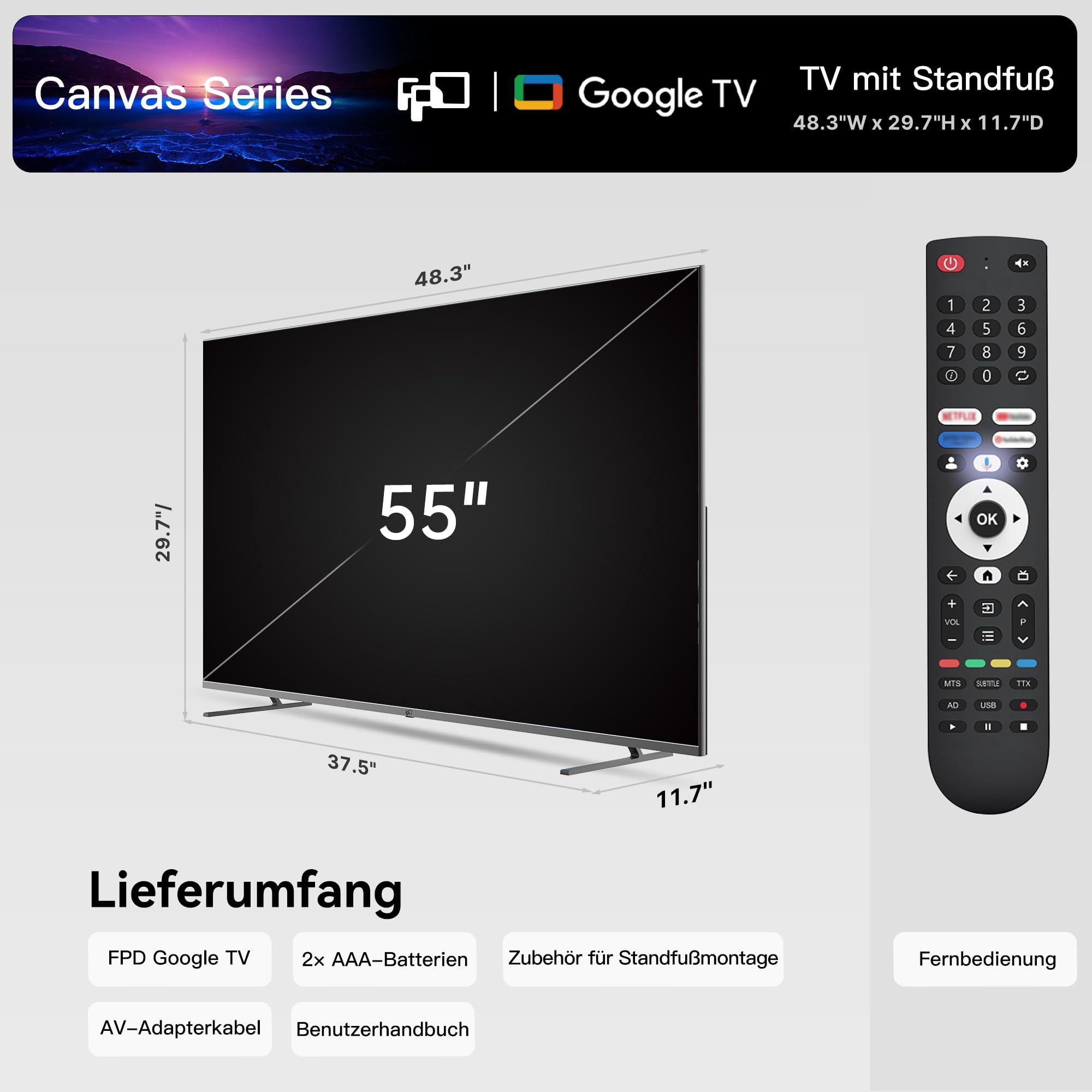 FPD Fernseher 55 Zoll Smart TV, 4K UHD mit Google TV & Google Cast, Dolby Vision und Atmos, HDR 10, MEMC für flüssige Bewegungen