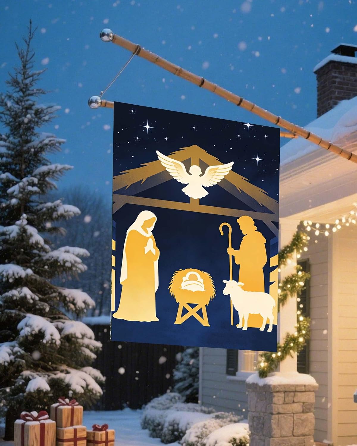 Christmas Story Sunset Winter Landscape House Flag 28 x 40 Inch, Double Sided Large Garden Yard Welcome Flags Banners for Home Lawn Patio Outdoor Decor