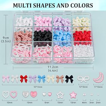 600 Pcs 3D Nail Bow Charms and Flatback Pearls Nail Charms Set 1 | 8 Colors Nail Bows Pink White Star Heart Moon Cute Nail Gems and Charms, 2-4mm White Pearls for Nails Art Designs