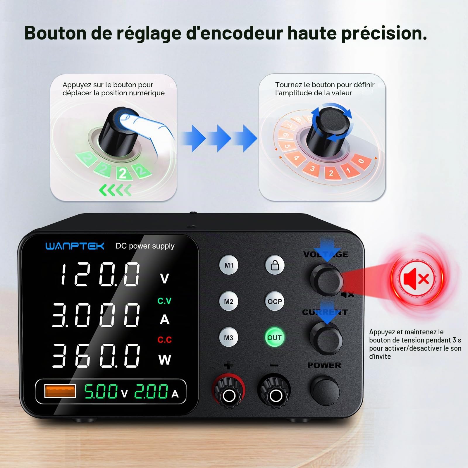 Alimentation de Laboratoire 120V 3A avec 3 Mémoires et clé de Verrouillage, Alimentation Stabilisée Réglable avec Protection OCP/Sorties/Charge Rapide USB/Affichage LED à 4 Chiffres
