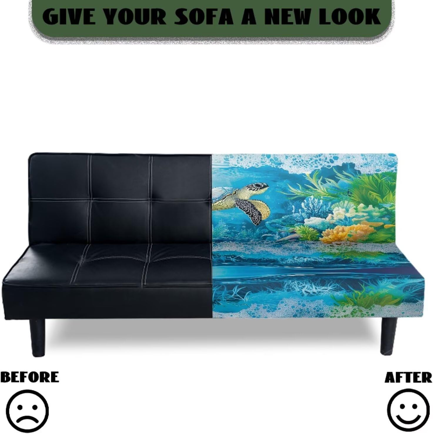Armless Sofa Slipcover Polyester Spandex Stretch Futon Cover, Dustproof Elastic Couch Cover Furniture Protector Machine Washable for Home, Dorm, Living, Turtle Print