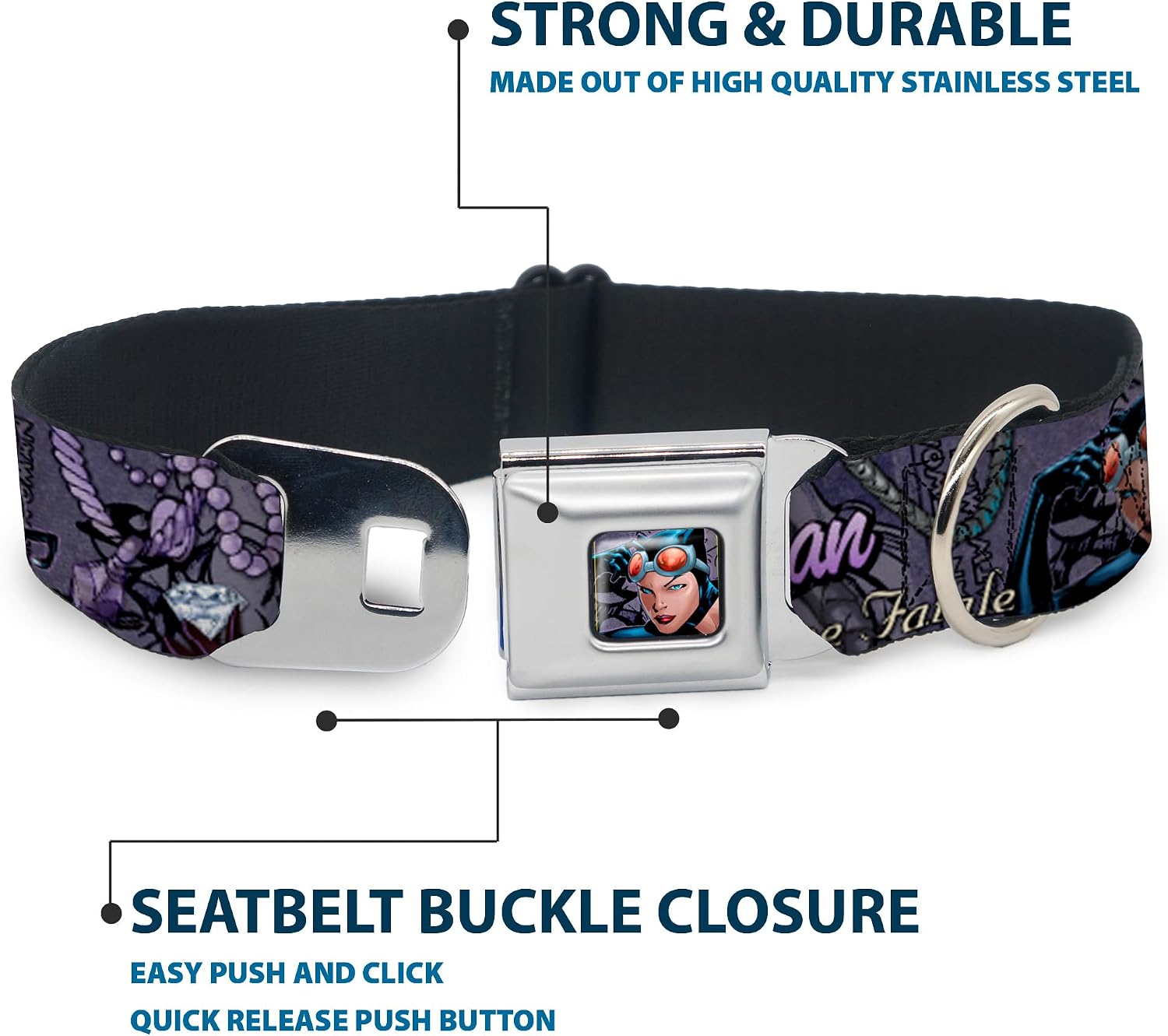 Buckle-Down Dog Collar Seatbelt Buckle Catwoman Nine Lives of A Feline Fatale Pose2 Jewelry Cat, Multicolor, 1.5" Wide - Fits 13-18" Neck - Small (DC-WCW010-WS)