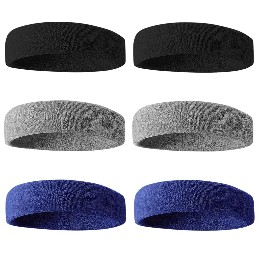 BEACE Sweatbands Sports Headband for Men &amp; Women - 6PCS Moisture Wicking Athletic Cotton Terry Cloth Sweatband for Tennis, Basketball, Running, Gym, Working Out