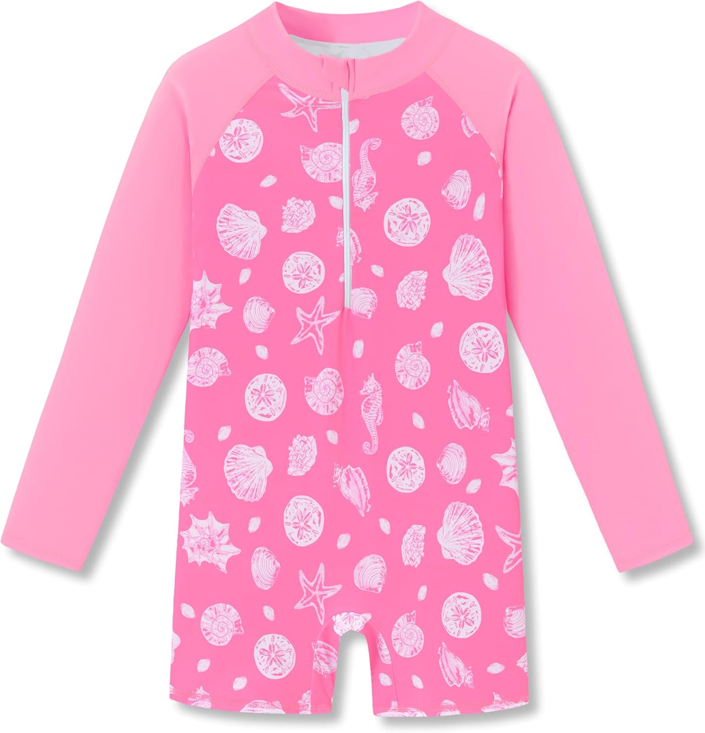 Girls Rash Guard Swimsuit One-Piece Zip-Up Bathing Suit Sizes 2T-10 | Front Zip-Up for Easy On/Off, Quick-Dry Stretch Long Sleeve Rash Guard Swimsuit with Sun Protection, Cute Marine Prints