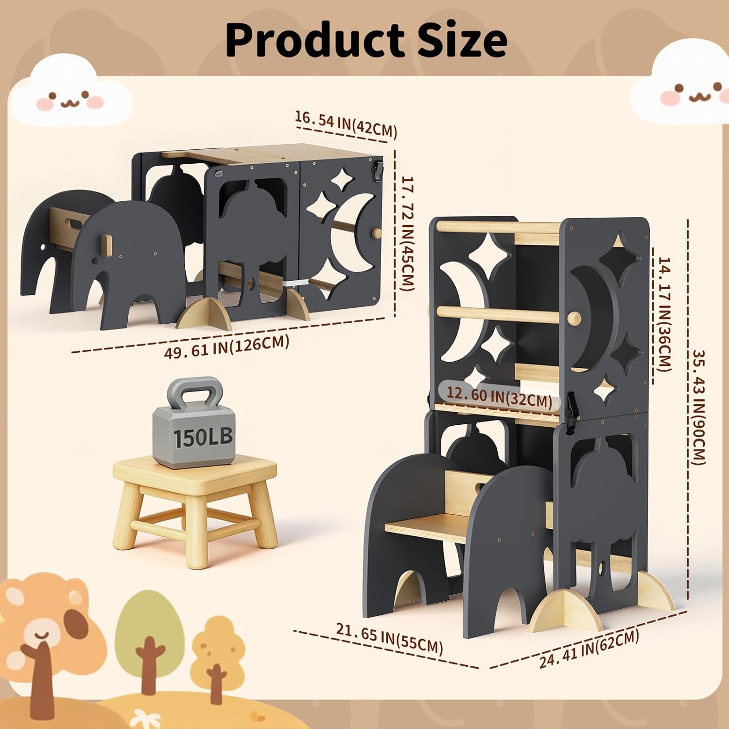 COSYLAND 4-in-1 Toddler Kitchen Stool Helper with Safety Rail, Foldable Toddler Standing Tower with Double Blackboard, Kids Learning Desk and Chair Set, Elephant Grey and Natural