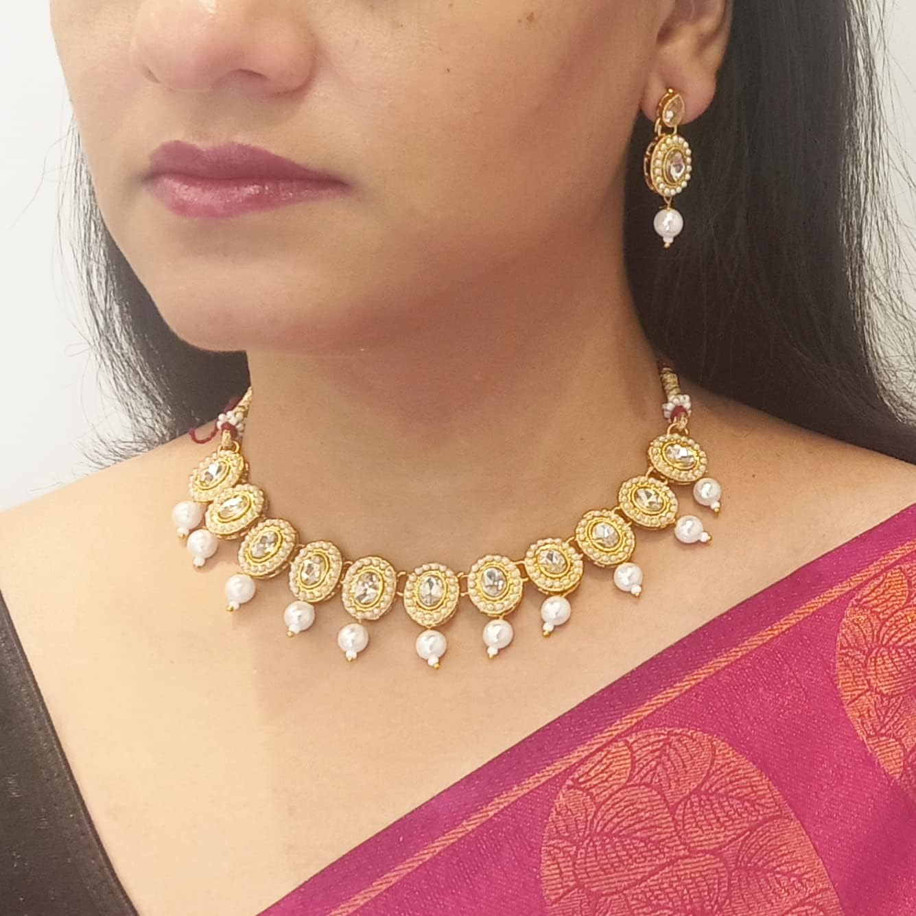 Efulgenz Crystal Kundan Choker Sets for Women Indian Jewelry Crystal Faux Pearl Beads Necklace Earrings Maang Tikka Head Chain Bollywood Wedding Bridal Set Jewellery - Image 3