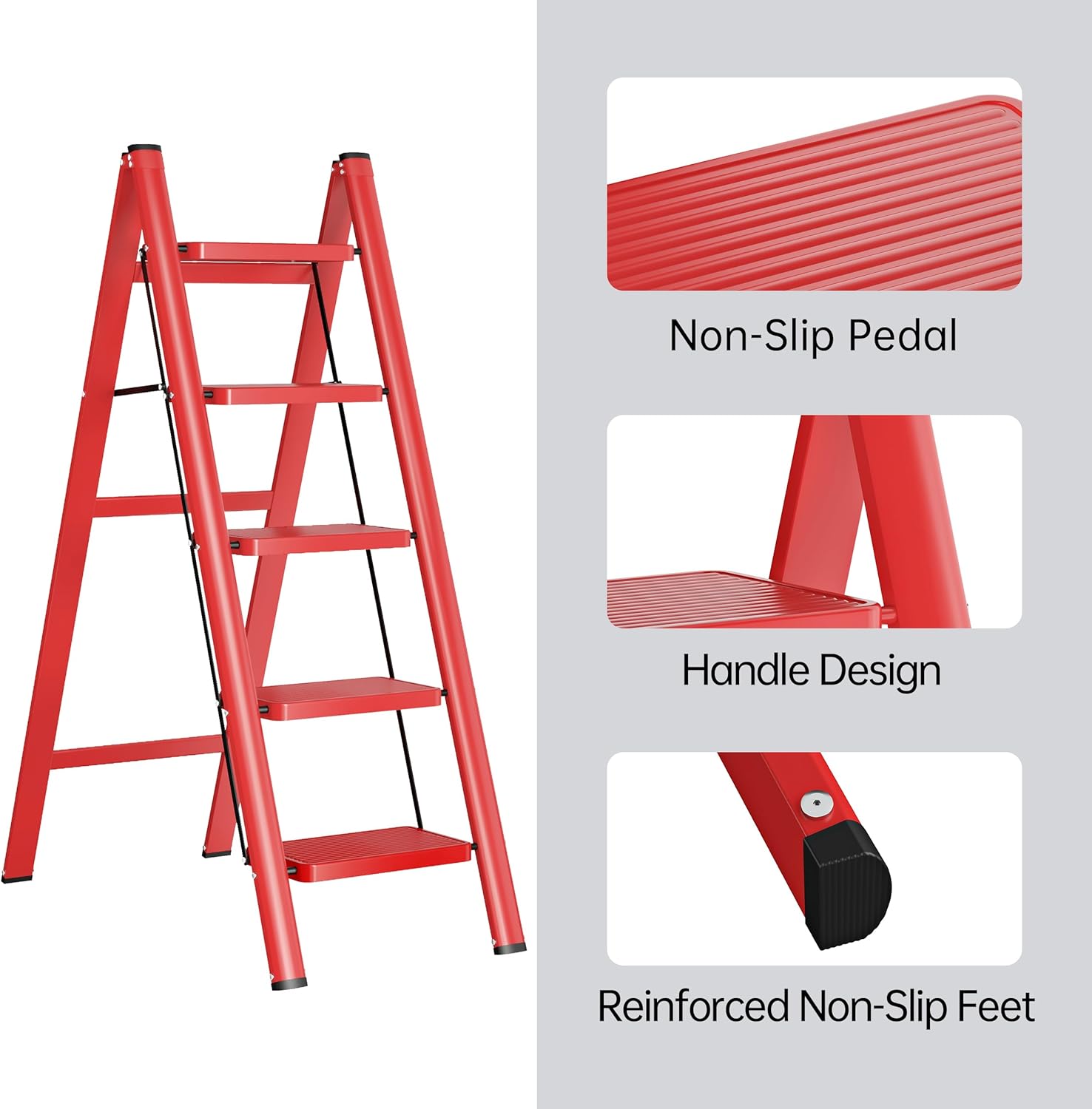 JOISCOPE 5 Step Ladder,Lightweight Folding Step Stool with Anti-Slip Pedal,600 lbs Portable Sturdy Steel Ladder for Adults,Multi Purpose Folding Ladder for Home Kitchen Office,Space Saving,Red JOISCOPE 5 Step Ladder,Lightweight Folding Step Stool with Anti-Slip Pedal,600 lbs Portable Sturdy Steel Ladder for Adults,Multi Purpose Folding Ladder for Home Kitchen Office,Space Saving,Red