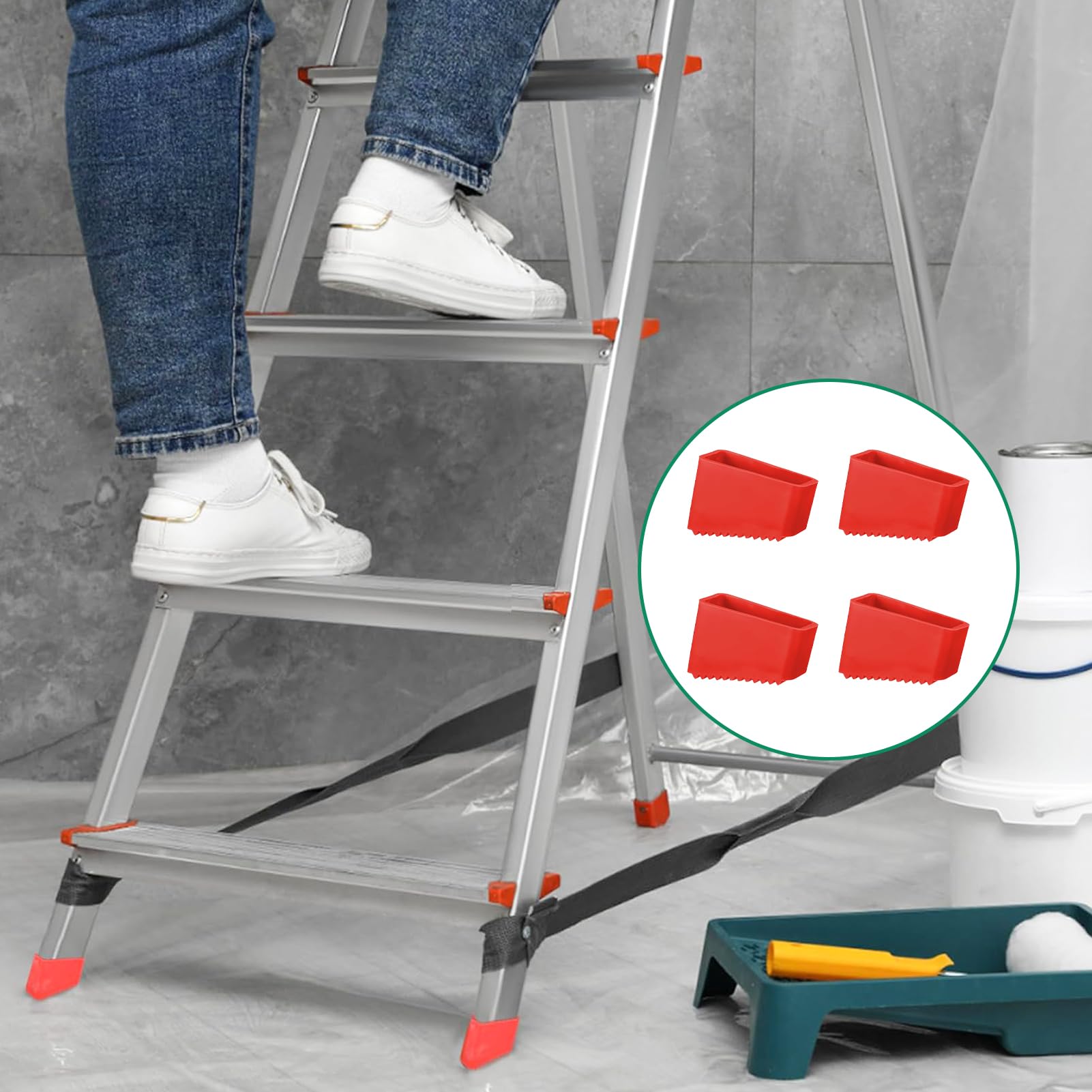 4 zapasowe nakładki na nogi drabiny, gumowe nóżki do drabiny, uniwersalne osłony na nogi, antypoślizgowe gumowe nóżki do drabin, drabiny teleskopowe, osłony stopek bezpieczeństwa, czerwone