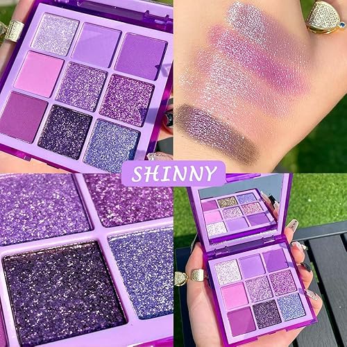 Miniatura 6 de evpct Paleta de sombra de ojos con purpurina de 9 colores, violeta púrpura, violeta lavanda, rosa púrpura, purpurina metálica brillante, sombra de