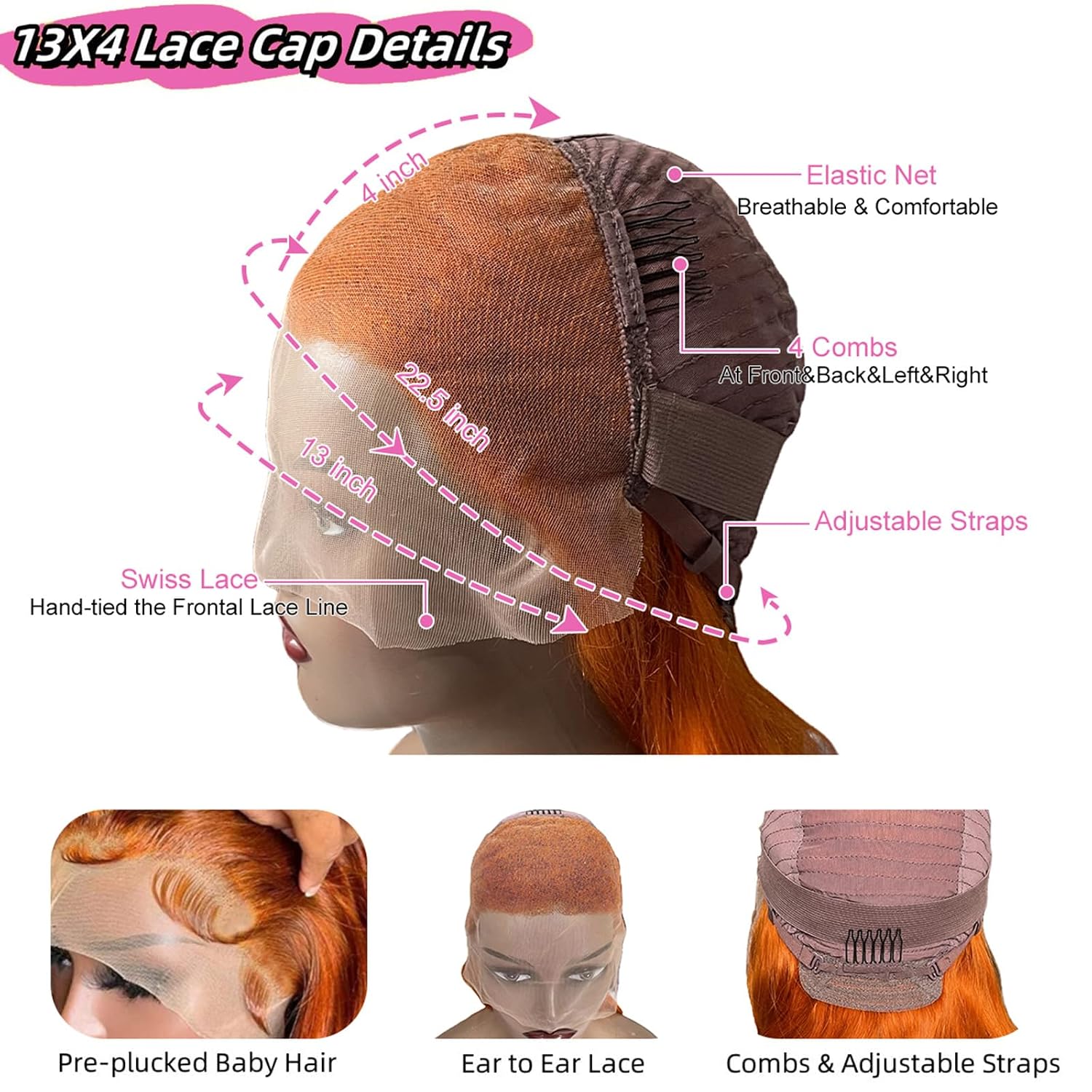 18 Inch Ginger Orange Lace Front Wigs Human Hair Pre Plucked 180% Density 13x4 HD 350 Colored Wigs Body Wave Lace Frontal Wig Glueless Wig for Women