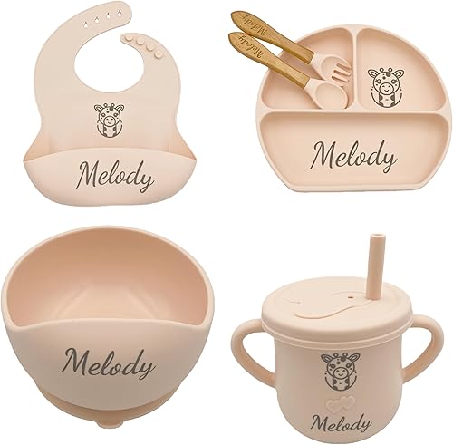 Miniatura 6 de Juego de Alimentación Personalizado para Bebé de 6 Piezas con Nombre, Grado Alimentario, Incluye Cuchara, Tenedor, Cuencos de Succión de Silicona,