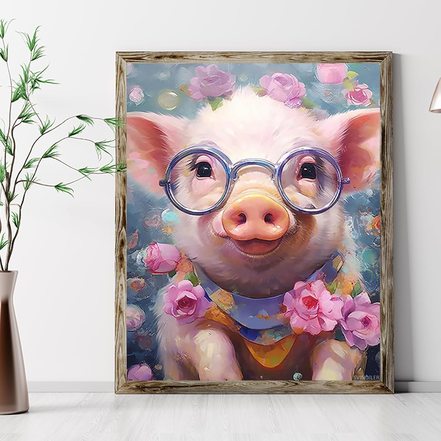 SVINOILER Pig Flower Paint by Number for Adults, DIY Oil Painting Kit on Canvas with Paintbrushes and Acrylic Pigment, Perfect for Paint by Numbers for Adults Beginner, for Home Wall Decor 16x20inch