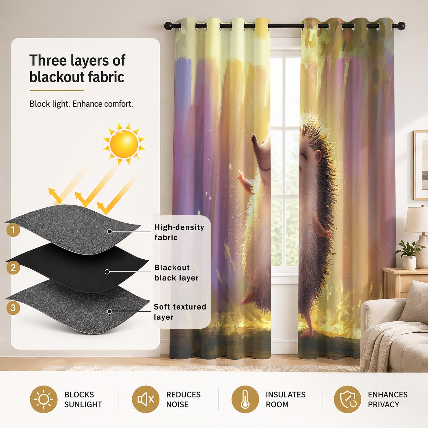 Tenda Oscurante Giallo con Motivo Riccio Sorridente Sole Fiabesco Fantasy - 140x240cm 2 Pannelli - Termica Poliestere Tenda per Cameretta Neonato Stanza Bambini, Fiaba Per Bambini Tenda Poliestere