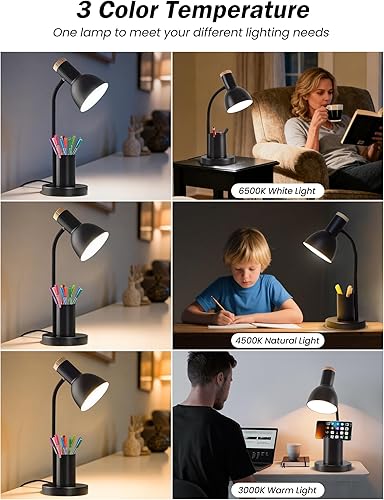 Miniatura 3 de Lámpara de escritorio LED con soporte para bolígrafo, luz de escritorio para cuidar los ojos, 3 modos de color, luz de lectura, lámpara de estudio